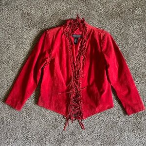 Vintage Red Leather Fringe Jacket and Skirt Set